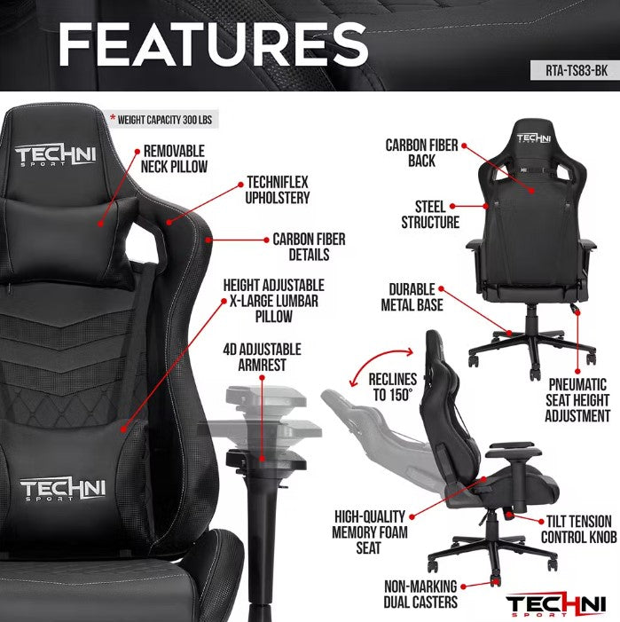 RTA Products - Techni Sport Ergonomic High Back Gaming Chair - Black - Entertain Hive