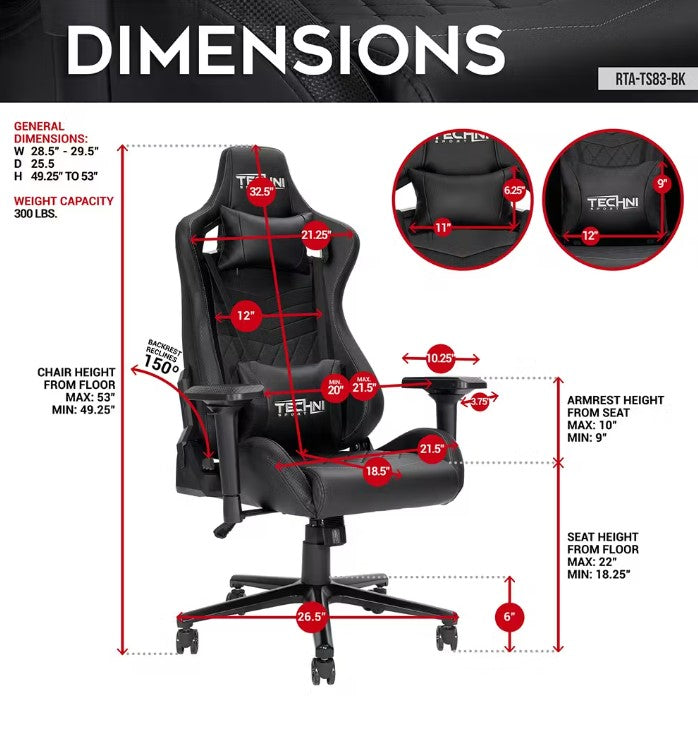 RTA Products - Techni Sport Ergonomic High Back Gaming Chair - Black - Entertain Hive